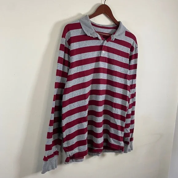 Old Navy Striped Rugby Shirt Men's Large Cotton Red Gray Sporty Casual Preppy - Picture 3 of 6